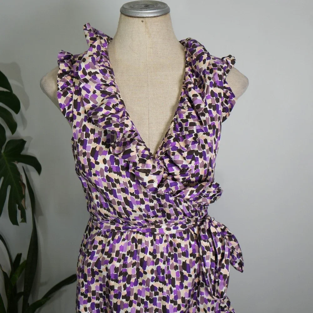 Kate Spade Silk Wrap Dress Womens 8‎ Purple Abstract Ruffle NJMU1851 Brushstroke